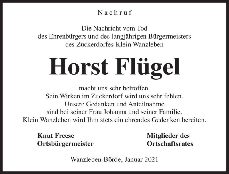  Traueranzeige für Horst Flügel  vom 16.01.2021 aus Magdeburger Volksstimme