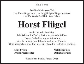Traueranzeige von Horst Flügel  von Magdeburger Volksstimme
