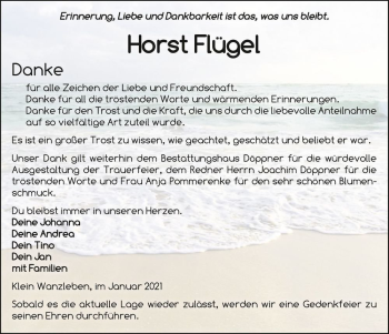 Traueranzeige von Horst Flügel  von Magdeburger Volksstimme