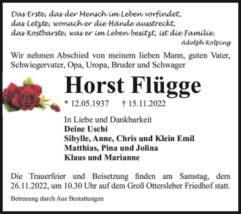 Traueranzeige von Horst Flügge  von Magdeburger Volksstimme