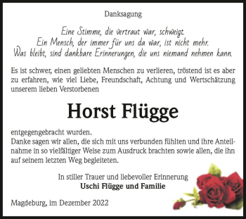 Traueranzeige von Horst Flügge  von Magdeburger Volksstimme