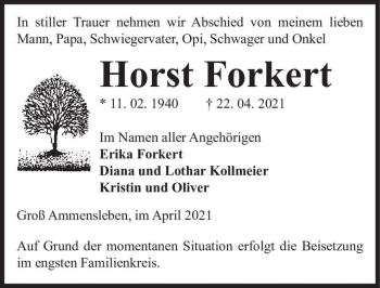 Traueranzeige von Horst Forkert  von Magdeburger Volksstimme
