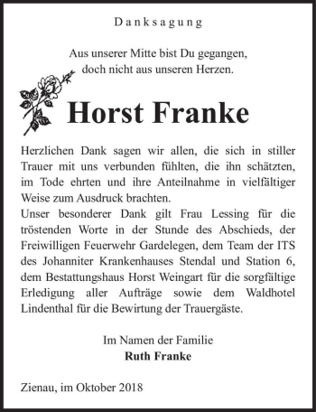 Traueranzeige von Horst Franke  von Magdeburger Volksstimme