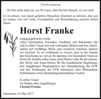 Traueranzeige von Horst Franke  von Magdeburger Volksstimme