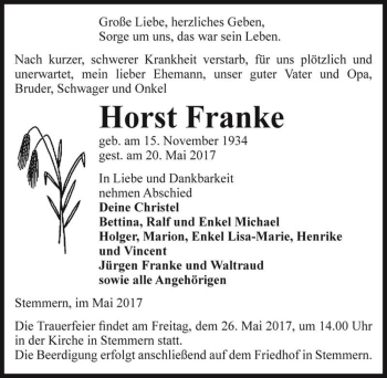 Traueranzeige von Horst Franke  von Magdeburger Volksstimme