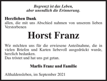 Traueranzeige von Horst Franz  von Magdeburger Volksstimme
