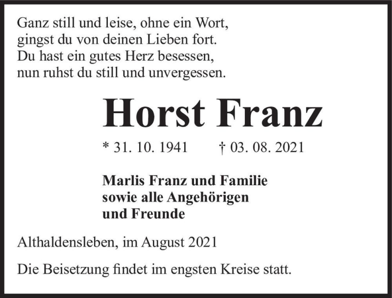  Traueranzeige für Horst Franz  vom 14.08.2021 aus Magdeburger Volksstimme