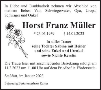 Traueranzeige von Horst Franz Müller  von Magdeburger Volksstimme