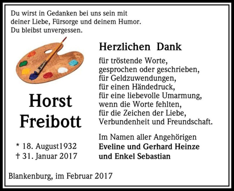  Traueranzeige für Horst Freibott  vom 25.02.2017 aus Magdeburger Volksstimme