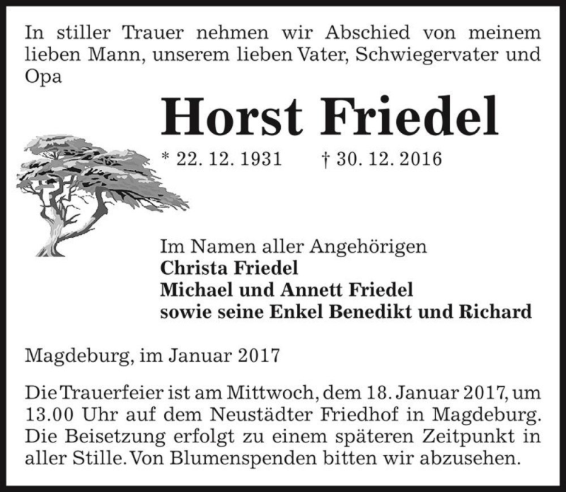  Traueranzeige für Horst Friedel  vom 07.01.2017 aus Magdeburger Volksstimme