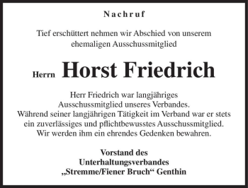 Traueranzeige von Horst Friedrich  von Magdeburger Volksstimme
