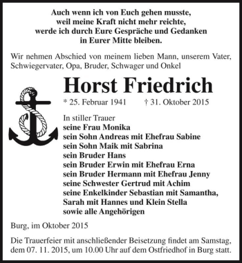 Traueranzeige von Horst Friedrich  von Magdeburger Volksstimme