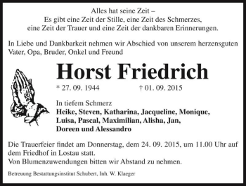 Traueranzeige von Horst Friedrich  von Magdeburger Volksstimme