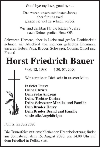 Traueranzeige von Horst Friedrich Bauer  von Magdeburger Volksstimme
