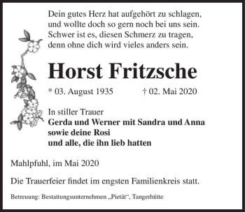 Traueranzeige von Horst Fritzsche  von Magdeburger Volksstimme