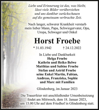Traueranzeige von Horst Froebe  von Magdeburger Volksstimme