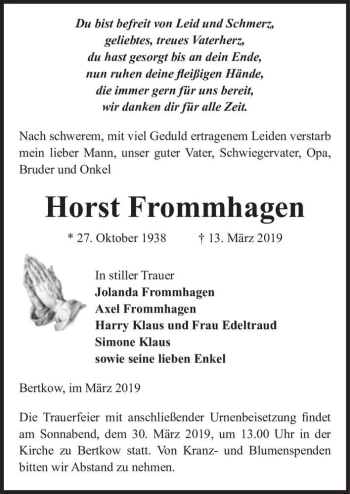 Traueranzeige von Horst Frommhagen  von Magdeburger Volksstimme