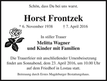 Traueranzeige von Horst Frontzek  von Magdeburger Volksstimme