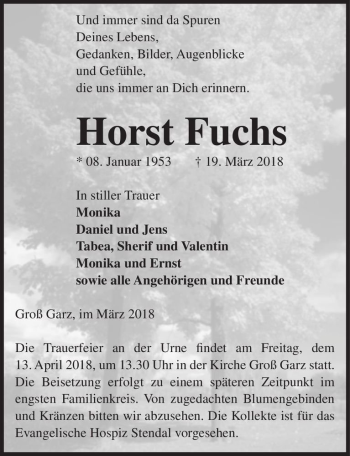 Traueranzeige von Horst Fuchs  von Magdeburger Volksstimme