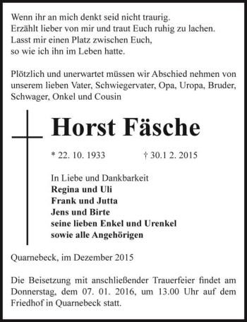 Traueranzeige von Horst Fäsche  von Magdeburger Volksstimme