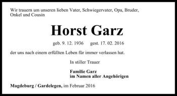 Traueranzeige von Horst Garz  von Magdeburger Volksstimme