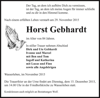 Traueranzeige von Horst Gebhardt  von Magdeburger Volksstimme