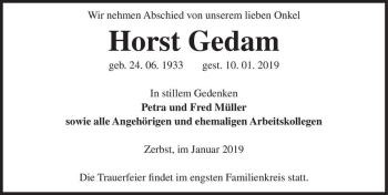 Traueranzeige von Horst Gedam  von Magdeburger Volksstimme
