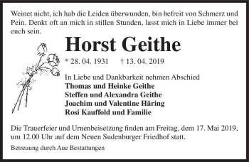 Traueranzeige von Horst Geithe  von Magdeburger Volksstimme