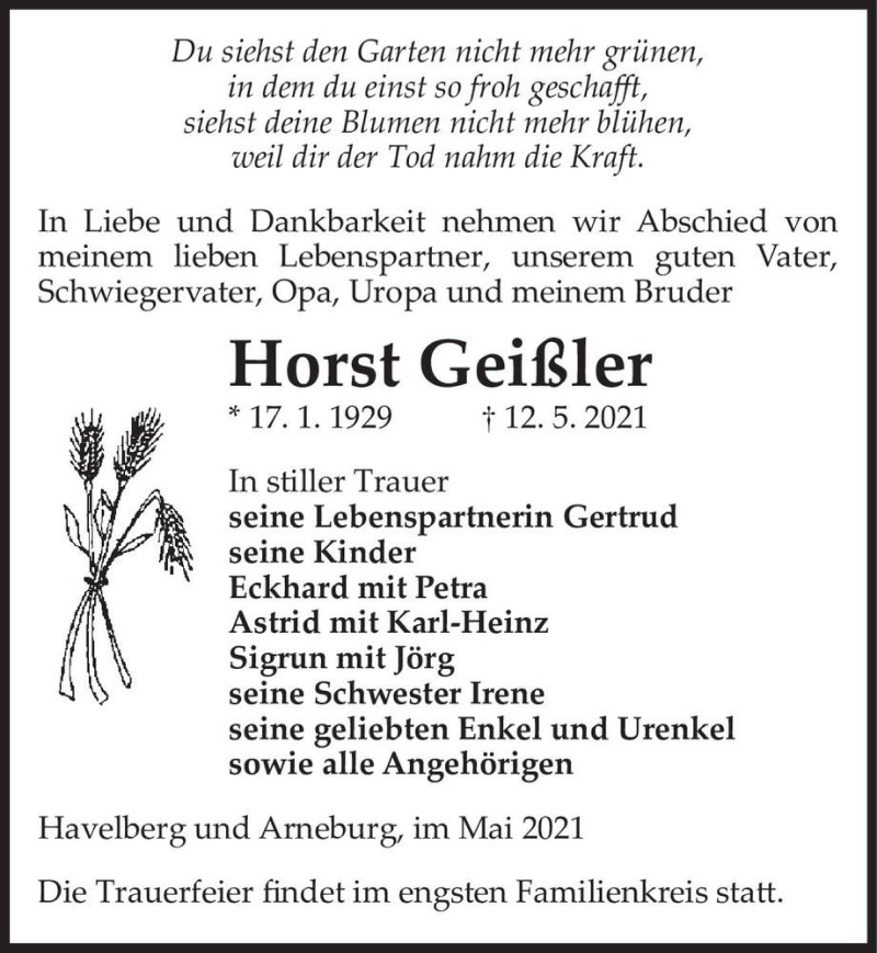  Traueranzeige für Horst Geißler  vom 18.05.2021 aus Magdeburger Volksstimme