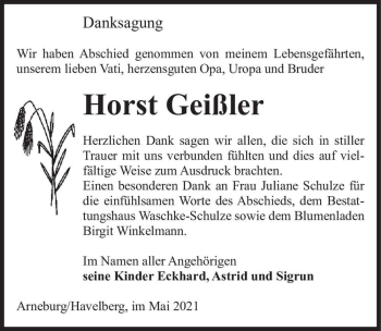 Traueranzeige von Horst Geißler  von Magdeburger Volksstimme