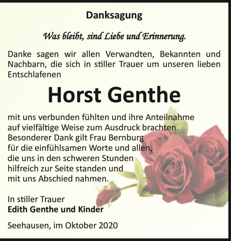  Traueranzeige für Horst Genthe  vom 30.10.2020 aus Magdeburger Volksstimme