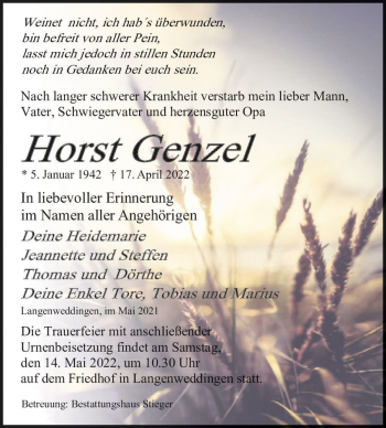 Traueranzeige von Horst Genzel  von Magdeburger Volksstimme