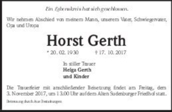 Traueranzeige von Horst Gerth  von Magdeburger Volksstimme
