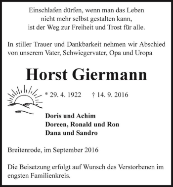 Traueranzeige von Horst Giermann  von Magdeburger Volksstimme