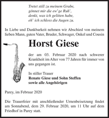 Traueranzeige von Horst Giese  von Magdeburger Volksstimme