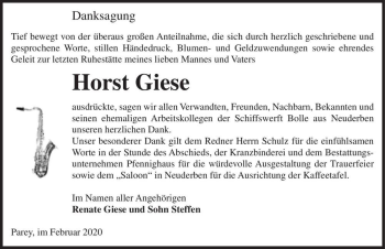 Traueranzeige von Horst Giese  von Magdeburger Volksstimme