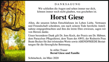 Traueranzeige von Horst Giese  von Magdeburger Volksstimme