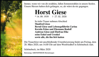 Traueranzeige von Horst Giese  von Magdeburger Volksstimme