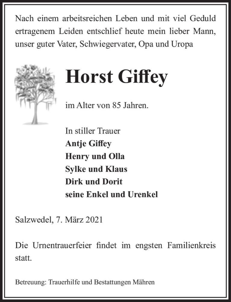  Traueranzeige für Horst Giffey  vom 10.03.2021 aus Magdeburger Volksstimme