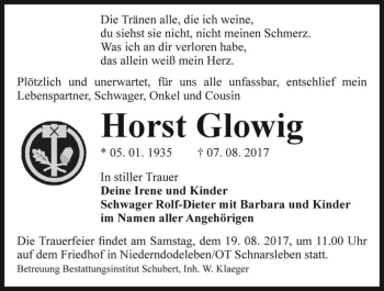 Traueranzeige von Horst Glowig  von Magdeburger Volksstimme