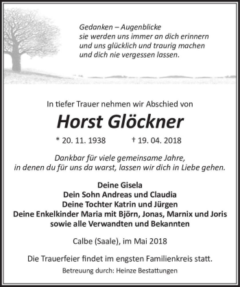 Traueranzeige von Horst Glöckner  von Magdeburger Volksstimme