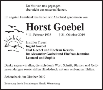 Traueranzeige von Horst Goebel  von Magdeburger Volksstimme