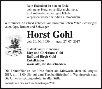 Traueranzeige von Horst Gohl  von Magdeburger Volksstimme