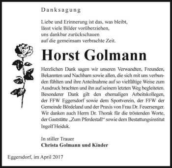 Traueranzeige von Horst Golmann  von Magdeburger Volksstimme