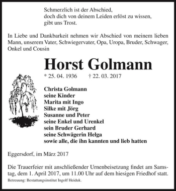 Traueranzeige von Horst Golmann  von Magdeburger Volksstimme