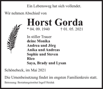 Traueranzeige von Horst Gorda  von Magdeburger Volksstimme