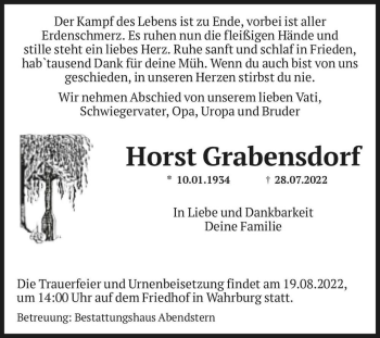 Traueranzeige von Horst Grabensdorf  von Magdeburger Volksstimme
