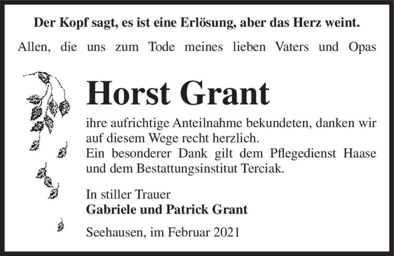  Traueranzeige für Horst Grant  vom 27.02.2021 aus Magdeburger Volksstimme