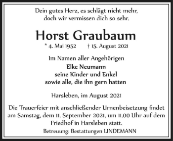 Traueranzeige von Horst Graubaum  von Magdeburger Volksstimme
