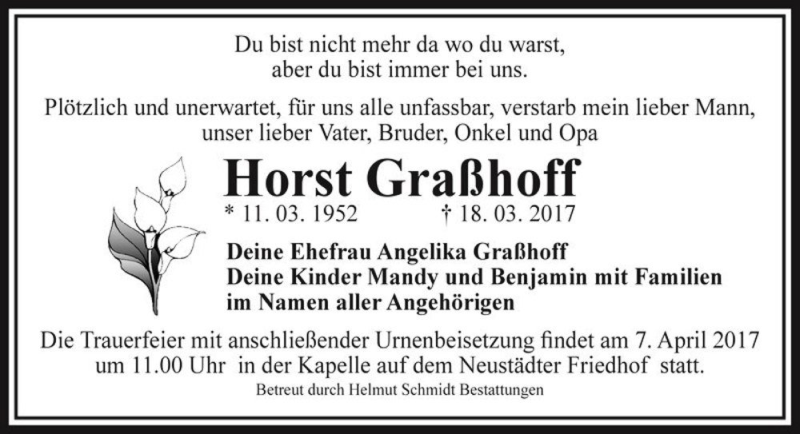  Traueranzeige für Horst Graßhoff  vom 25.03.2017 aus Magdeburger Volksstimme